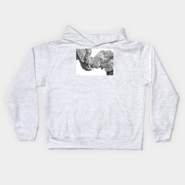 Titanic Embrace African Elephants drawing print Kids Hoodie by Mightyfineart